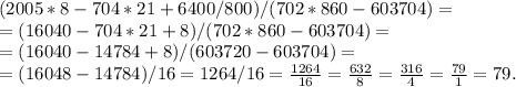 (2005*8-704*21+6400/800)/(702*860-603704)=\\
=(16040-704*21+8)/(702*860-603704)=\\
=(16040-14784+8)/(603720-603704)=\\
=(16048-14784)/16=1264/16= \frac{1264}{16} = \frac{632}{8} = \frac{316}{4} = \frac{79}{1} = 79.