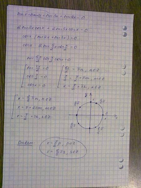 Решите уравнение sin x + sin 2x + sin 3x + sin 4x = 0