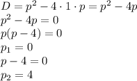 D = p^2-4\cdot1\cdot p=p^2-4p\\
p^2-4p=0\\
p(p-4)=0\\
p_1=0\\
p-4=0\\
p_2=4
