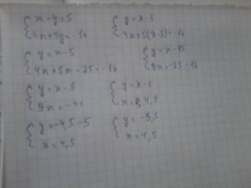 Решите систему уравнений x-y=5 и 4x+5y=-16