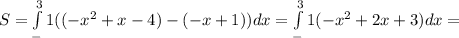 S=\int\limits^3_-1((-x^{2}+x-4)-(-x+1))dx=\int\limits^3_-1(-x^{2}+2x+3)dx=