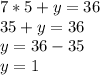 7*5+y=36\\
35+y=36\\
y=36-35\\
y=1\\