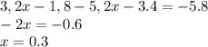 3,2x-1,8-5,2x-3.4=-5.8
\\\
-2x=-0.6
\\\
x=0.3