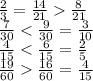  \frac{2}{3}= \frac{14}{21} \frac{8}{21}
\\\
 \frac{7}{30} <\frac{9}{30}=\frac{3}{10}
\\\
 \frac{4}{15}< \frac{6}{15}= \frac{2}{5}
\\\
 \frac{19}{60} \frac{16}{60}=\frac{4}{15}