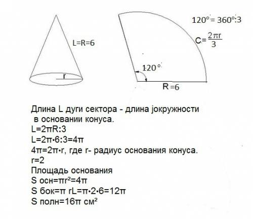Разверткой боковой поверхности конуса является круговой сектор радиуса 6 см и дугой 120 градусов.най