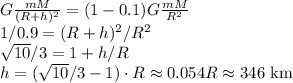 G\frac{mM}{(R+h)^2} = (1-0.1)G\frac{mM}{R^2}\\
1/0.9 = (R+h)^2/R^2\\
\sqrt{10}/3 = 1+h/R\\
h = (\sqrt{10}/3-1)\cdot R \approx 0.054 R \approx 346\text{ km}