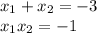 x_1+x_2=-3\\
x_1x_2=-1