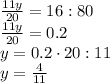 \frac{11y}{20} =16:80
\\\
 \frac{11y}{20} =0.2
\\\
y=0.2\cdot20:11
\\\
y= \frac{4}{11}