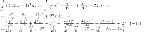 \int\limits^1_{-1} {(0.25x+3)^3} \, dx = \int\limits^1_{-1} { \frac{1}{64}x^3+ \frac{9}{16}x^2+ \frac{27}{4}x+27 } \, dx = 
\\\
=(\frac{x^4}{4\cdot 64}+ \frac{9x^3}{3\cdot16}+ \frac{27x^2}{2\cdot4}+27x)|^1_{-1}=
\\\
=(\frac{1^4}{256}+ \frac{9\cdot1^3}{48}+ \frac{27\cdot1^2}{8}+27)-(\frac{(-1)^4}{256}+ \frac{9\cdot(-1)^3}{48}+ \frac{27\cdot(-1)^2}{8}+27\cdot(-1))=
\\\
=\frac{1}{256}+ \frac{9}{48}+ \frac{27}{8}+27-\frac{1}{256}+ \frac{9}{48}-\frac{27}{8}+27=
 \frac{18}{48}+54=54 \frac{3}{8}