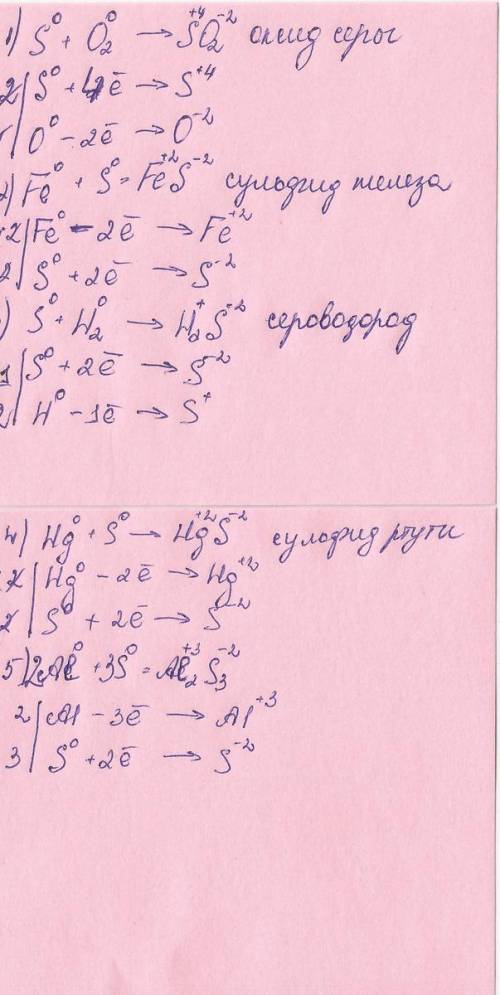 Коэффиценты , названия вещества и степень окисления s+o2=so2 fe+s=fes s+h2=h2s hg+s=hgs ae+s=ae2s3