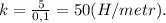 k = \frac{5}{0,1} = 50(H/metr).