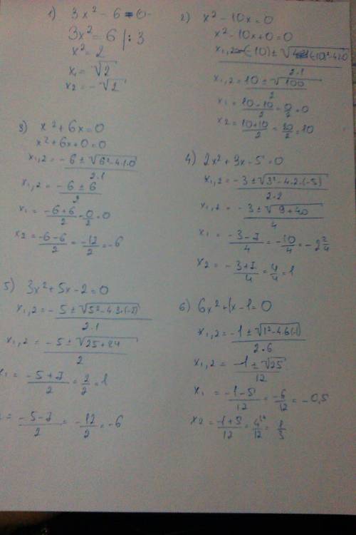 Решите хотя бы нескоько из этих уровнений, буду блогодарен! 3x^2-6=0 x^2-10x=0 x^2+6x=0 2x^2+3x-5=0
