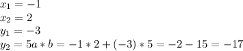 x_1=-1\\
x_2=2\\
y_1=-3\\
y_2=5
a*b=-1*2+(-3)*5=-2-15=-17
