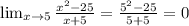 \lim_{x \to 5} \frac{x^2-25}{x+5}=\frac{5^2-25}{5+5}=0