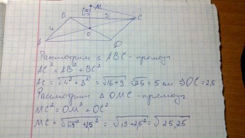 Изобразите прямоугольник abcd. из точки о (пересечения диагоналей) проведите перпендикуляр к его пло