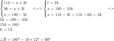 \begin{cases} 11k=x+3t \\9k=x+2t \\ x=180-5t \end{cases} <= \begin{cases} t=2k \\ x=180-10k \\ x=11k-3t=11k-6k=5k \end{cases} = \\ 5k=180-10k\\ 15k=180\\ k=12\\\\
\angle B=180^o-10*12^o=60^o