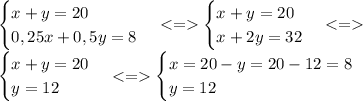 \begin{cases} x+y=20 \\ 0,25x+0,5y=8 \end{cases} \begin{cases} x+y=20 \\ x+2y=32 \end{cases} \\
\begin{cases} x+y=20 \\ y=12 \end{cases} \begin{cases} x=20-y=20-12=8 \\ y=12 \end{cases}