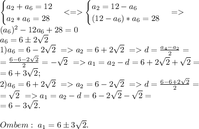 \begin{cases} a_2+a_6=12 \\ a_2*a_6=28 \end{cases} <= \begin{cases} a_2 =12-a_6 \\ (12-a_6)*a_6=28 \end{cases} =\\
(a_6)^2-12a_6+28=0\\
a_6=6б2\sqrt2\\
1) a_6=6-2\sqrt2 \ =a_2=6+2\sqrt2\ = d=\frac{a_4-a_2}{2}=\\
=\frac{6-6-2\sqrt2}{2}=-\sqrt2\ = a_1=a_2-d=6+2\sqrt2+\sqrt2=\\ 
=6+3\sqrt2; \\
2) a_6=6+2\sqrt2 \ =a_2=6-2\sqrt2\ = d=\frac{6-6+2\sqrt2}{2}=\\=\sqrt2\ = a_1=a_2-d=6-2\sqrt2-\sqrt2=\\ 
=6-3\sqrt2.\\\\
Ombem:\ a_1=6б3\sqrt2.