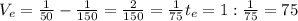 V_{e}=\frac{1}{50}-\frac{1}{150}=\frac{2}{150}=\frac{1}{75}
t_{e}=1:\frac{1}{75}=75