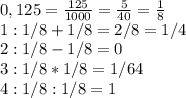 0,125 = \frac{125}{1000} = \frac{5}{40} = \frac{1}{8}\\
1: 1/8 + 1/8 = 2/8 = 1/4\\
2: 1/8 - 1/8 = 0\\
3: 1/8*1/8= 1/64\\
4: 1/8:1/8 = 1