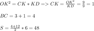 OK^2=CK*KD = CK=\frac{OK^2}{KD}=\frac{9}{9}=1\\\\
BC=3+1=4\\\\
S=\frac{4+12}{2}*6=48