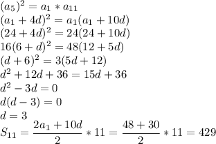 (a_5)^2=a_1*a_{11}\\
(a_1+4d)^2=a_1(a_1+10d)\\
(24+4d)^2=24(24+10d)\\
16(6+d)^2=48(12+5d)\\
(d+6)^2=3(5d+12)\\
d^2+12d+36=15d+36\\
d^2-3d=0\\
d(d-3)=0\\
d=3\\
S_{11}=\dfrac{2a_1+10d}{2}*11=\dfrac{48+30}{2}*11=429