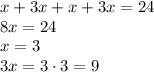 
x+3x+x+3x=24
\\\
8x=24
\\\
x=3
\\\
3x=3\cdot3=9