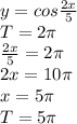y=cos\frac{2x}{5}\\
T=2 \pi \\
\frac{2x}{5}=2 \pi \\
2x=10 \pi \\
x=5 \pi \\
T=5 \pi 
