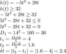 h(t)=-5t^2+28t
\\\
h(t) \geq 32
\\\
-5t^2+28t \geq 32
\\\
5t^2-28t+32 \leq 0
\\\
5t^2-28t+32 =0
\\\
D_1=14^2-160=36
\\\
t_1= \frac{14+6}{5}=4
\\\
 t_2= \frac{14-6}{5}=1.6
\\\
\delta t=|t_2-t_1|=|1.6-4|=2.4