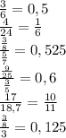 \frac{3}{6}=0,5 
\\\
 \frac{4}{24} = \frac{1}{6} 
\\\
 \frac{ \frac{3}{8} }{ \frac{5}{7} } =0,525
\\\
 \frac{ \frac{9}{25} }{ \frac{3}{5} } =0,6
\\\
 \frac{17}{18,7} = \frac{10}{11} 
\\\
 \frac{ \frac{3}{8} }{3} =0,125
