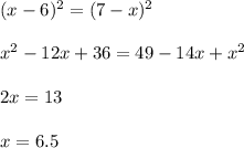 (x-6)^2=(7-x)^2
\\\\ x^{2} -12x+36=49-14x+x^2
\\\\2x=13\\\\x=6.5