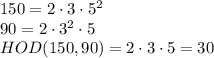 150=2\cdot3\cdot5^2
\\\
90=2\cdot3^2\cdot5
\\\
HOD(150, 90)=2\cdot3\cdot5=30