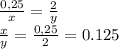 \frac{0,25}{x} = \frac{2}{y} 
\\\
 \frac{x}{y} = \frac{0,25}{2} =0.125