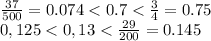 \frac{37}{500}=0.074<0.7< \frac{3}{4}=0.75
\\\
0,125 <0,13< \frac{29}{200}=0.145