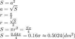 S=a^2
\\\
a= \sqrt{S} 
\\\
r= \frac{a}{2} 
\\\
r= \frac{\sqrt{S} }{2} 
\\\
S=\pi r^2= \frac{S\pi }{4} 
\\\
S= \frac{0.64\pi }{4} =0.16\pi \approx 0.5024(dm^2)