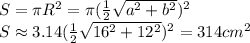 S=\pi R^2=\pi ( \frac{1}{2} \sqrt{a^2+b^2})^2
\\\
S\approx3.14( \frac{1}{2} \sqrt{16^2+12^2})^2=314cm^2