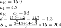 a_{10}=15.9\\
a_{1}=4.2\\
a_{10}=a_{1}+9d\\
d=\frac{15.9-4.2}{9}=\frac{11.7}{9}=1.3\\
S_{15}=\frac{2*4.5+14*1.3}{2}*15=204
