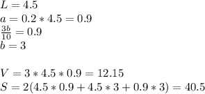 L=4.5\\
a=0.2*4.5=0.9\\
\frac{3b}{10}=0.9\\
b=3\\
\\
V=3*4.5*0.9=12.15\\
S=2(4.5*0.9+4.5*3+0.9*3)=40.5