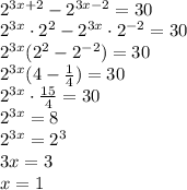 \\2^{3x+2}-2^{3x-2}=30\\
2^{3x}\cdot2^2-2^{3x}\cdot2^{-2}=30\\
2^{3x}(2^2-2^{-2})=30\\
2^{3x}(4-\frac{1}{4})=30\\
2^{3x}\cdot\frac{15}{4}=30\\
2^{3x}=8\\
2^{3x}=2^3\\
3x=3\\
x=1


