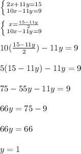 \left \{ {{2x+11y=15} \atop {10x-11y=9}} \right.
\\\\\left \{ {{x=\frac{15-11y}{2}} \atop {10x-11y=9}} \right.
\\\\10(\frac{15-11y}{2})-11y=9
\\\\5(15-11y)-11y=9
\\\\75-55y-11y=9
\\\\66y=75-9
\\\\66y=66
\\\\y=1