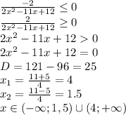 \frac{-2}{2x^2-11x+12} \leq 0
\\\
 \frac{2}{2x^2-11x+12} \geq 0
\\\
2x^2-11x+12 0
\\\
2x^2-11x+12 =0
\\\
D=121-96=25
\\\
x_1= \frac{11+5}{4} =4
\\\
x_2= \frac{11-5}{4} =1.5
\\\
x\in (-\infty; 1,5) \cup (4; +\infty)