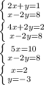 \left \{ {{2x+y=1} \atop {x-2y=8}} \right. \\
 \left \{ {{4x+2y=2} \atop {x-2y=8}} \right. \\
 \left \{ {{5x=10} \atop {x-2y=8}} \right. \\
 \left \{ {{x=2} \atop {y=-3}} \right.