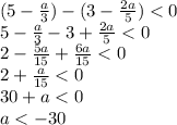 (5- \frac{a}{3} ) - (3- \frac{2a}{5} ) <0
\\\
5- \frac{a}{3} - 3+ \frac{2a}{5} <0
\\\
2- \frac{5a}{15} + \frac{6a}{15} <0
\\\
2 + \frac{a}{15} <0
\\\
30+a<0
\\\
a<-30