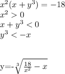 x^2(x+y^3)=-18\\
x^20\\
x+y^3<0\\
y^3<-x\\
\\

y=-\sqrt[3]{\frac{18}{x^2}-x}\\
