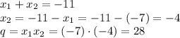 x_1+x_2=-11
\\\
x_2=-11-x_1=-11-(-7)=-4
\\\
q=x_1x_2=(-7)\cdot(-4)=28