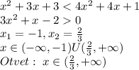x^2+3x+3<4x^2+4x+1\\3x^2+x-20\\x_1=-1,x_2=\frac{2}{3}\\x\in (-\infty,-1)U(\frac{2}{3},+\infty)
\\Otvet:\;x\in (\frac{2}{3},+\infty)