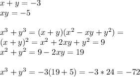 x+y=-3\\
xy=-5\\
\\
x^3+y^3=(x+y)(x^2-xy+y^2)=\\
(x+y)^2=x^2+2xy+y^2=9\\
x^2+y^2=9-2xy=19\\
\\
x^3+y^3=-3(19+5)=-3*24=-72\\
\\
