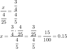 \cfrac{x}{ \cfrac{4}{25} } = \cfrac{ \cfrac{3}{4} }{ \cfrac{4}{5} } 
\\\
x= \cfrac{ \cfrac{3}{4} \cdot \cfrac{4}{25}}{ \cfrac{4}{5} } =
 \cfrac{ \cfrac{3}{25}}{ \cfrac{4}{5} } =\cfrac{15}{100}=0.15