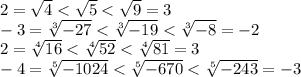 2= \sqrt{4}< \sqrt{5}< \sqrt{9}=3
\\\
-3= \sqrt[3]{-27}< \sqrt[3]{-19}< \sqrt[3]{-8}=-2
\\\
 2=\sqrt[4]{16}< \sqrt[4]{52}< \sqrt[4]{81}=3
\\\
-4=\sqrt[5]{-1024} <\sqrt[5]{-670}< \sqrt[5]{-243} =-3