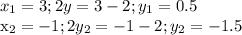 \displaystyle x_1=3; 2y=3-2; y_1=0.5

x_2=-1; 2y_2=-1-2; y_2=-1.5